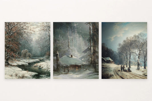 Snowy stream, cabin among dark trees, and a winter road.