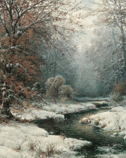 A stream winding through a snowy forest.