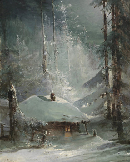 A small cabin among dark woodland trees.