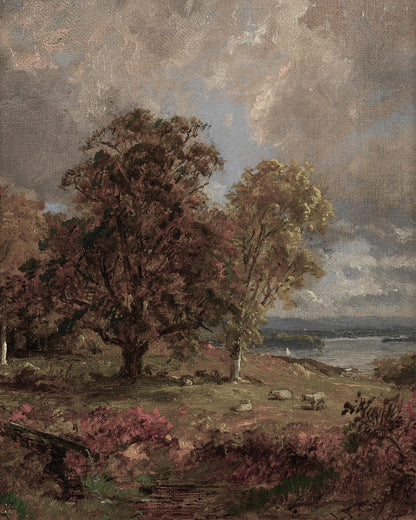 Two trees along a waterside.