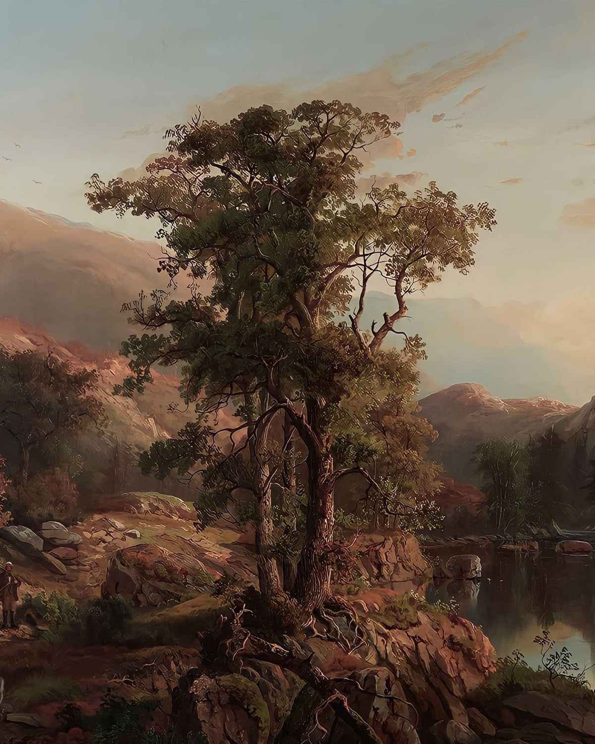 A solitary tree among rocky forms.