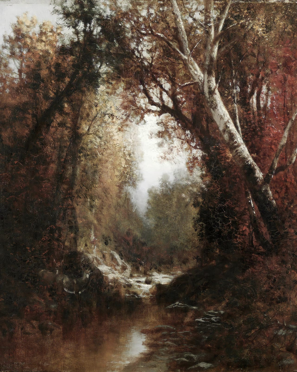 A stream winding through a wooded landscape.