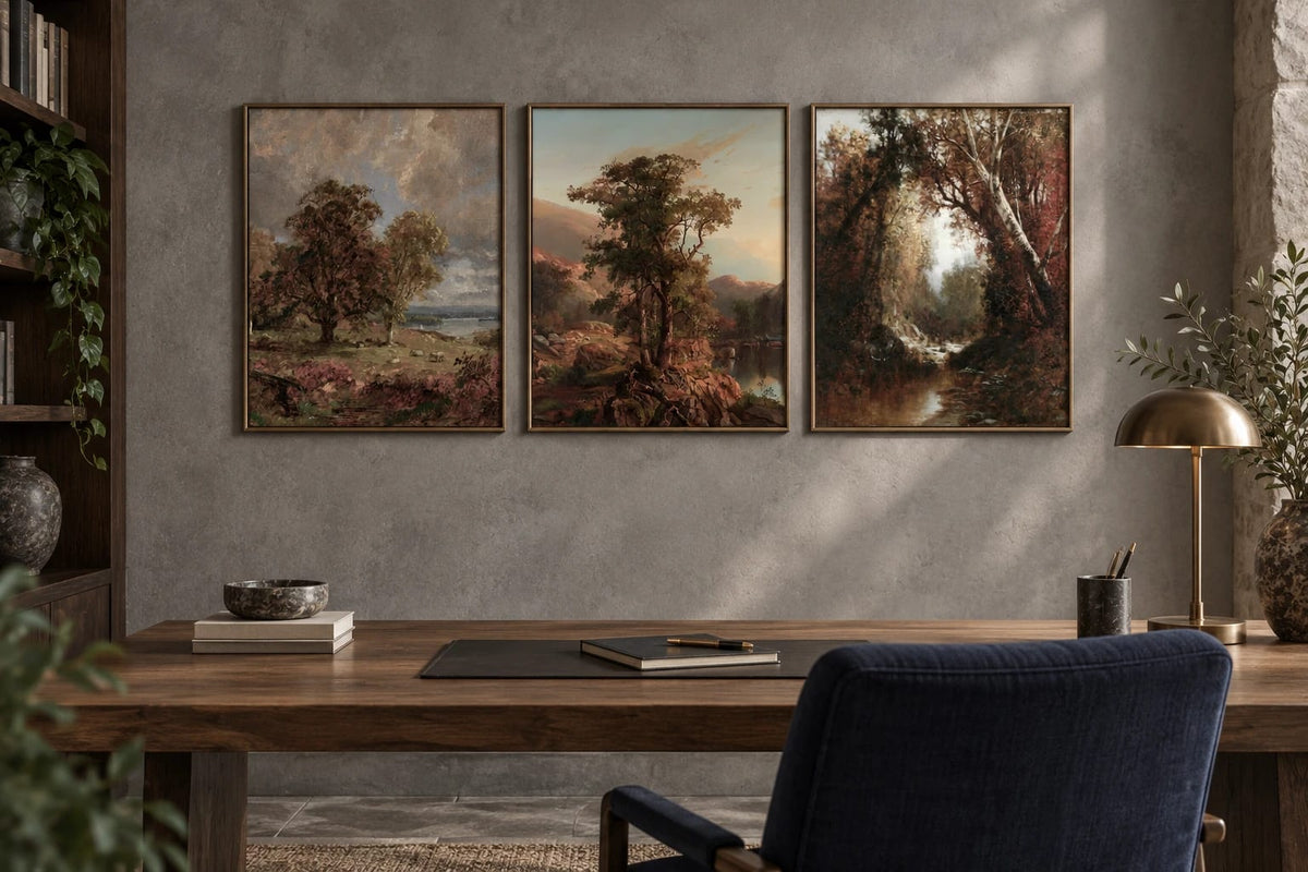A set of tree and water prints arranged above a desk.
