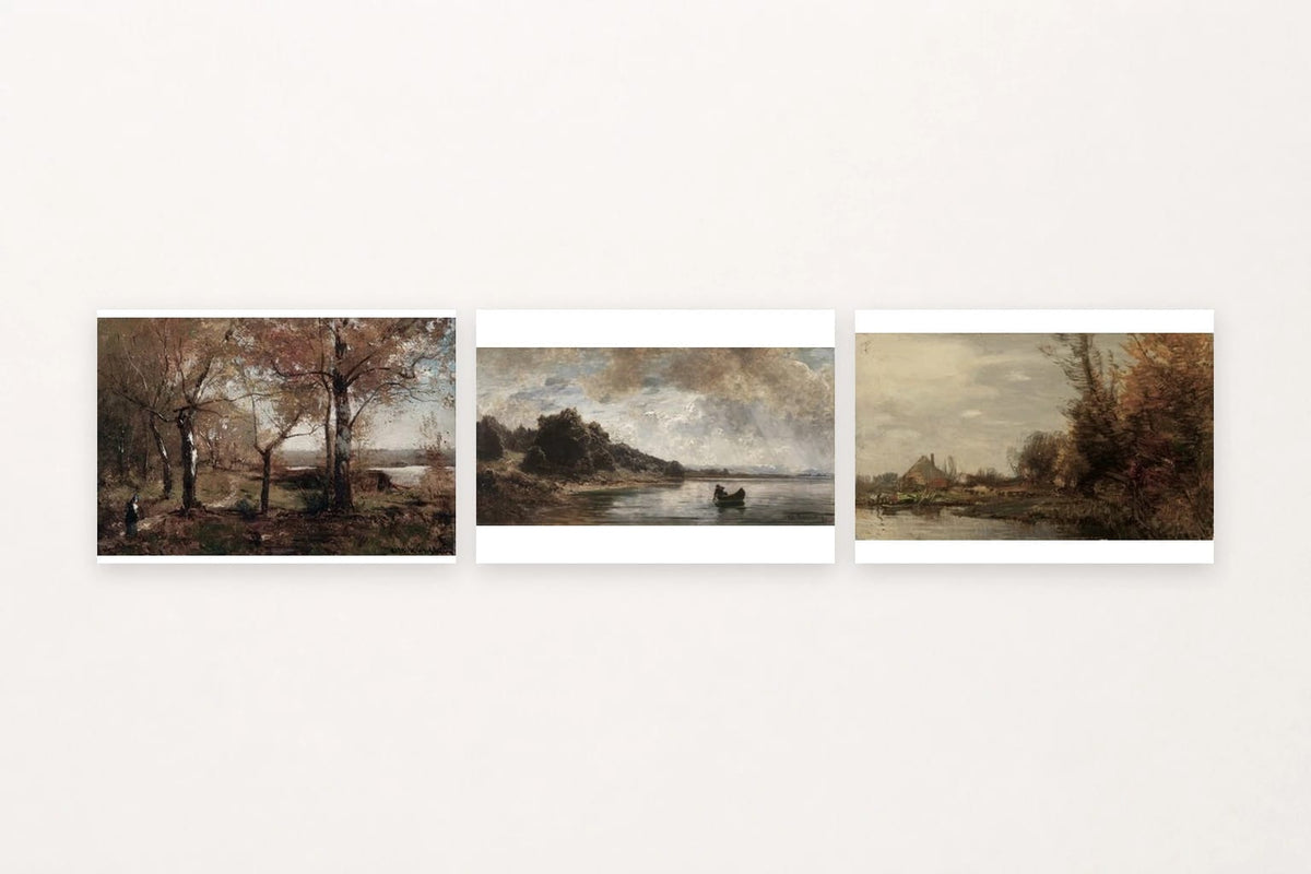 Three horizontal autumn landscapes with trees, a river boat, and shore houses.