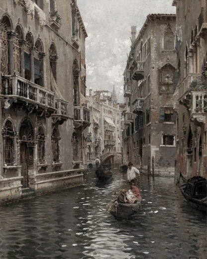 A narrow canal passing beneath an arched bridge.