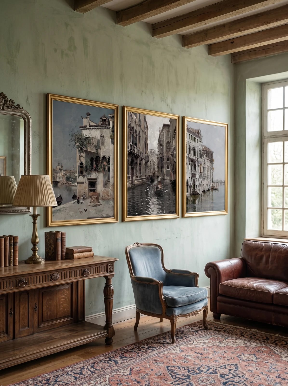 Three canal city prints grouped on a pale green wall.