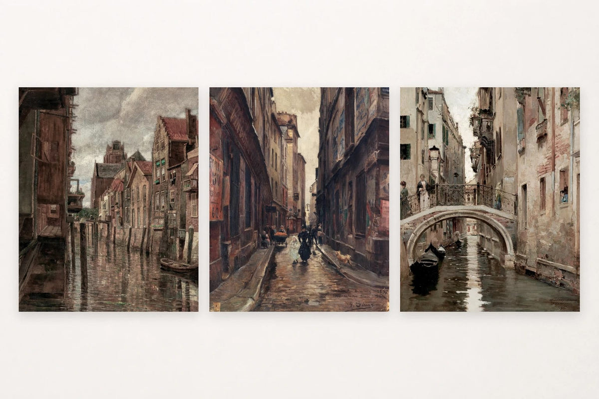 Canal between facades, pedestrian street, and boats by a bridge.