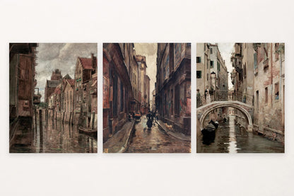 Canal between facades, pedestrian street, and boats by a bridge.