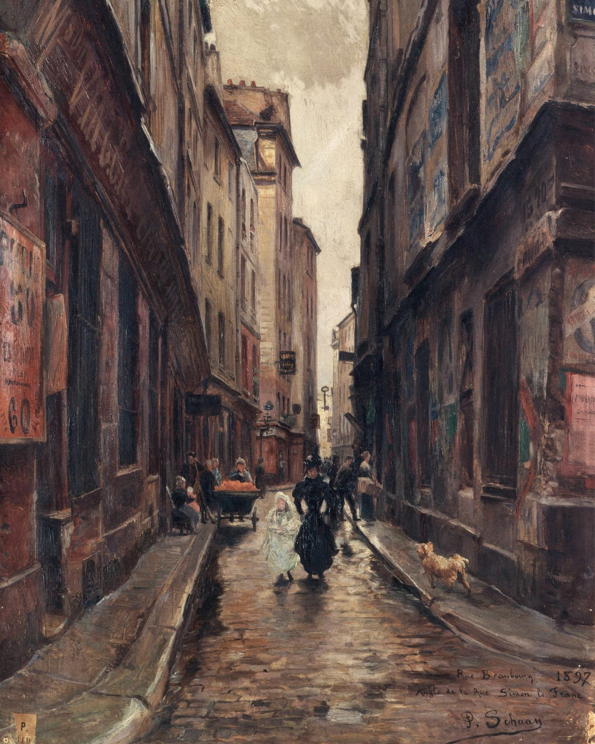 Pedestrians walking along a narrow city street.