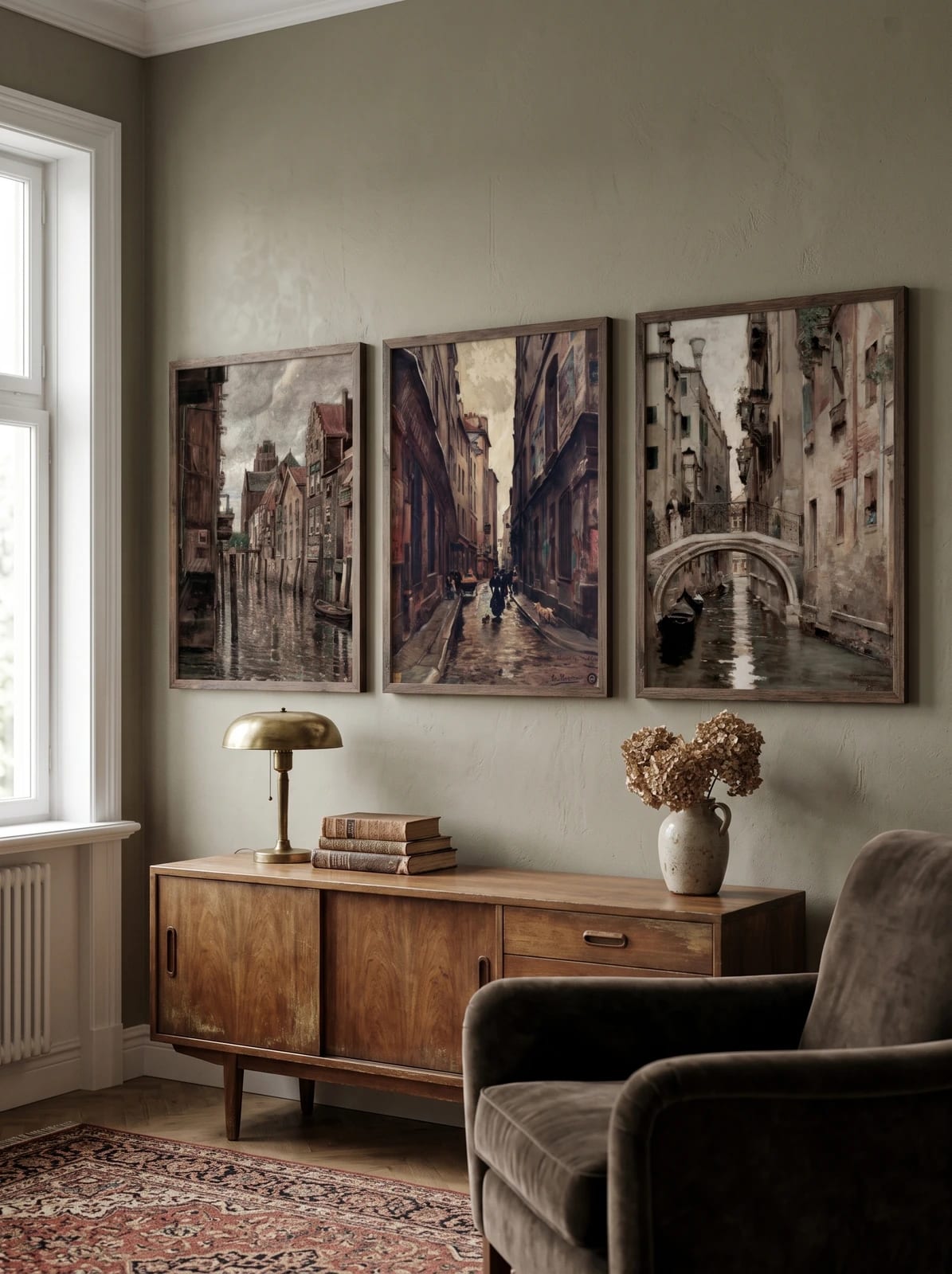 Three canal scenes grouped above a walnut cabinet.