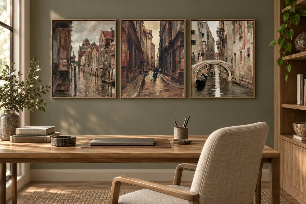 A canal cityscape set displayed above a desk with books nearby.