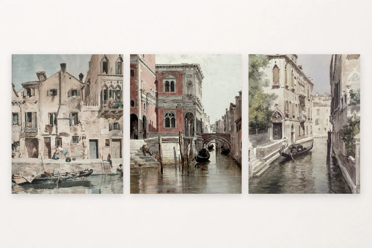 Canal homes and boats, bridge by a reddish facade, and a gondola.