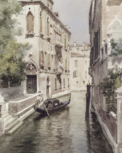 A gondola traveling through a narrow canal.