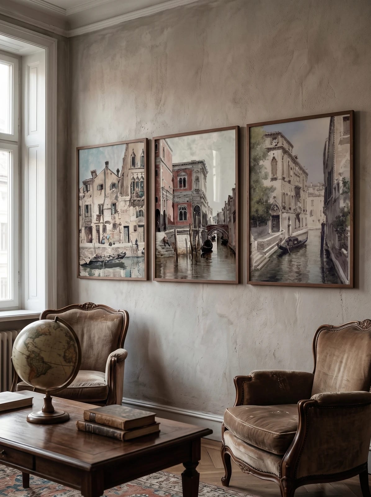 Three canal landscapes grouped on a gray-beige living room wall.