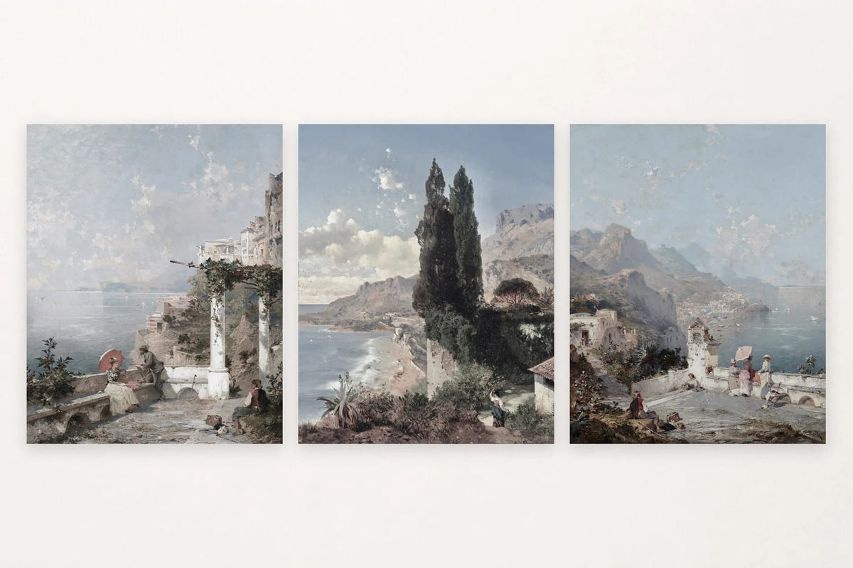 Terrace figure, cypress above the sea, and a coastal panorama.