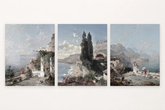 Terrace figure, cypress above the sea, and a coastal panorama.