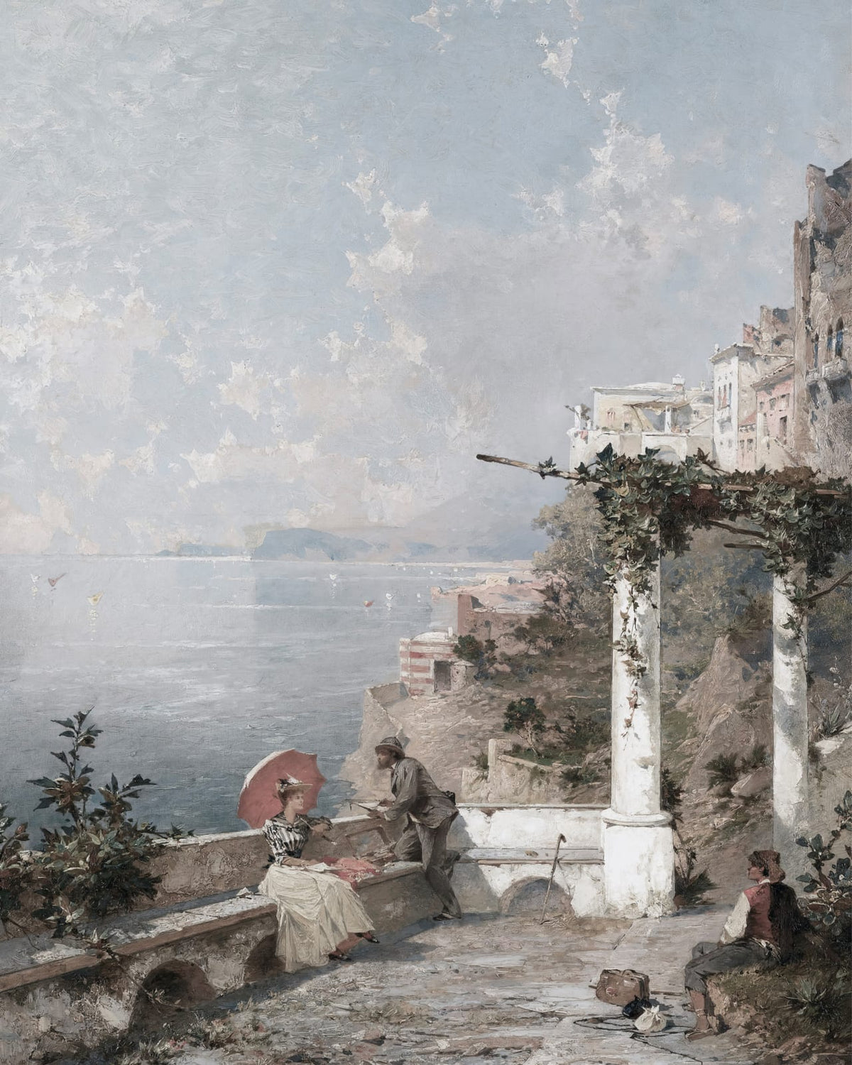 A figure on a terrace beneath a reddish umbrella.