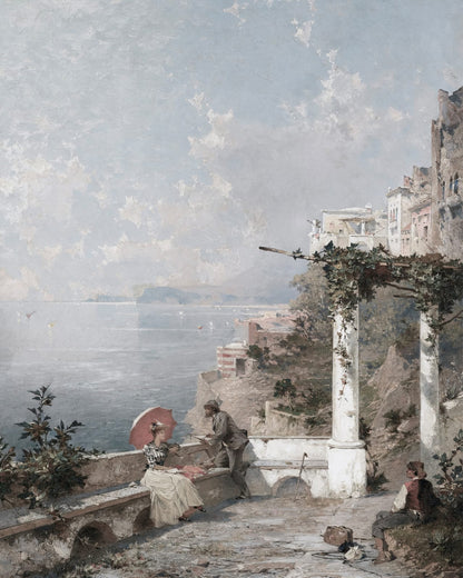 A figure on a terrace beneath a reddish umbrella.