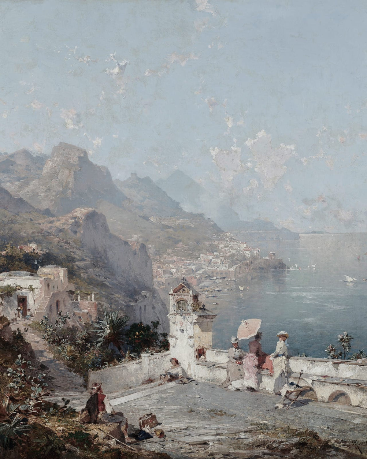 Houses and figures in a coastal panorama.