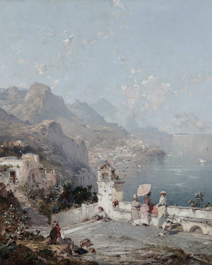 Houses and figures in a coastal panorama.