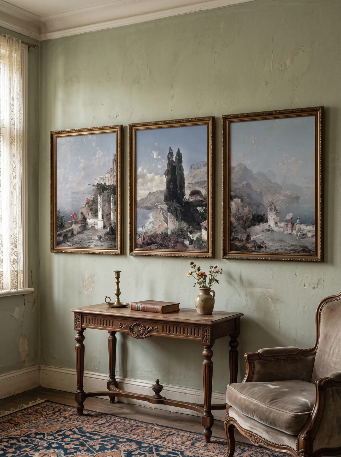 Three coastal prints displayed on a muted green wall.