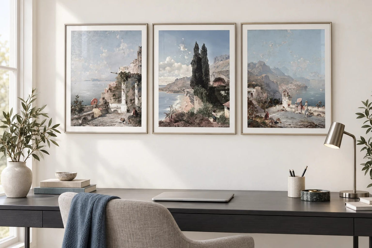 A coastal landscape set above a dark desk.