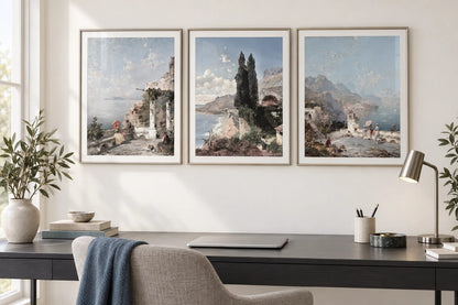 A coastal landscape set above a dark desk.
