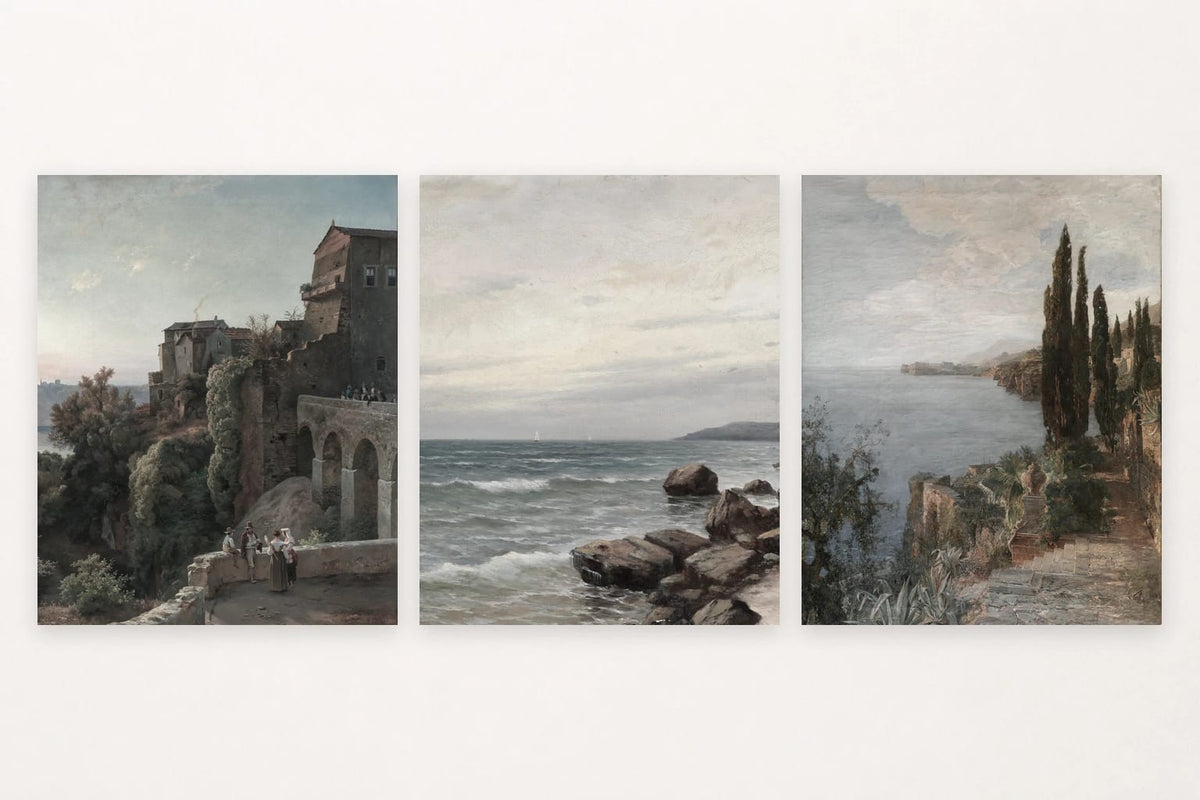 Stone castle and bridge, rocky shore, and cypress-lined coast.