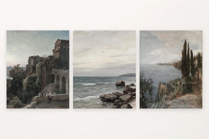 Stone castle and bridge, rocky shore, and cypress-lined coast.