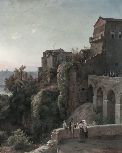 A stone castle and bridge above a valley.
