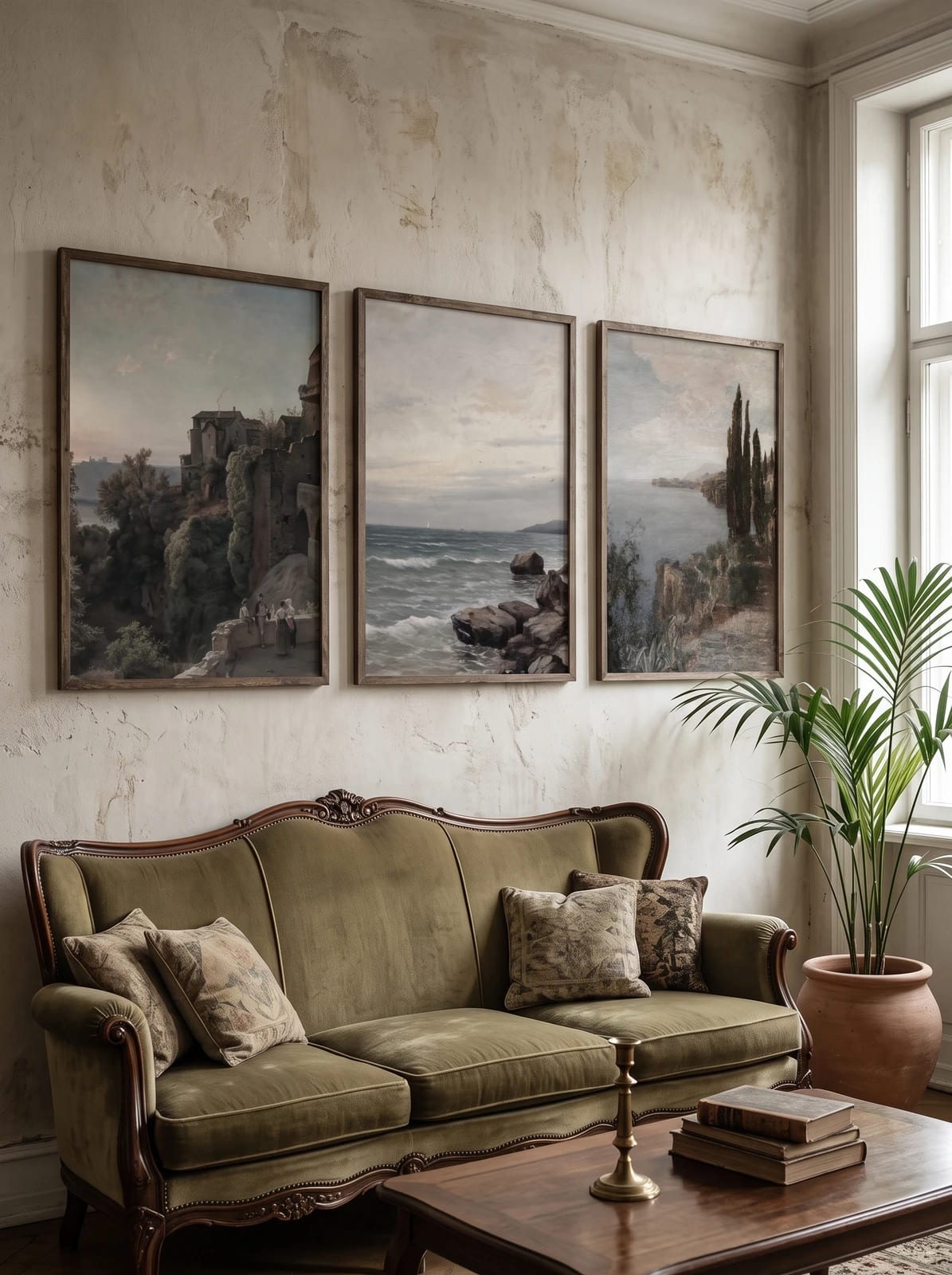 Three landscapes above an olive sofa on a light wall.
