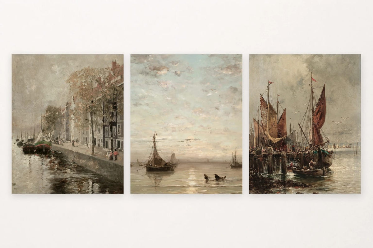 Canal boats, a boat beneath clouds, and tall sails in a harbor.