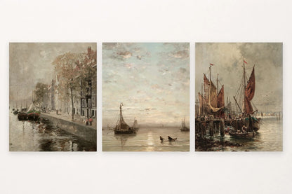 Canal boats, a boat beneath clouds, and tall sails in a harbor.