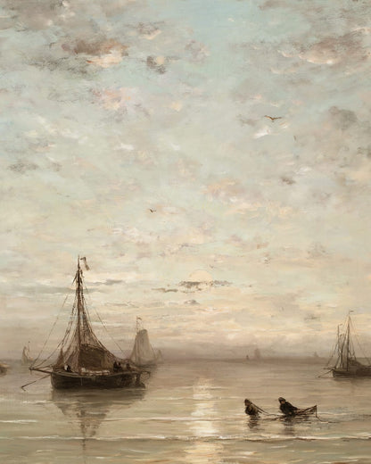A boat beneath a soft cloudy sky.