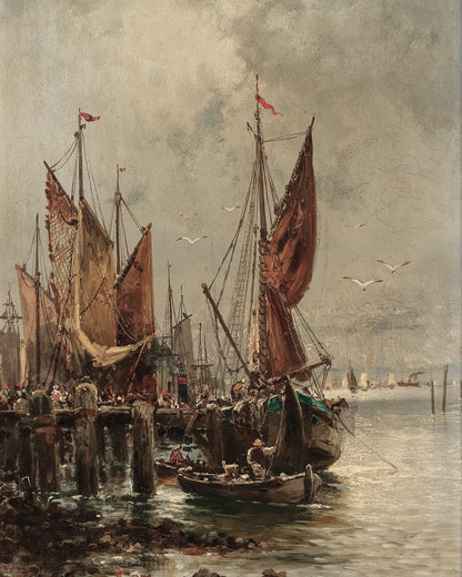 Tall sails above boats in a harbor.