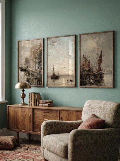 Three water scenes above a walnut cabinet on a blue-green wall.