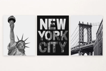 Three black-and-white city prints show the Statue of Liberty, NEW YORK CITY lettering, and a suspension bridge.