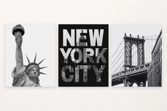 Three black-and-white city prints show the Statue of Liberty, NEW YORK CITY lettering, and a suspension bridge.