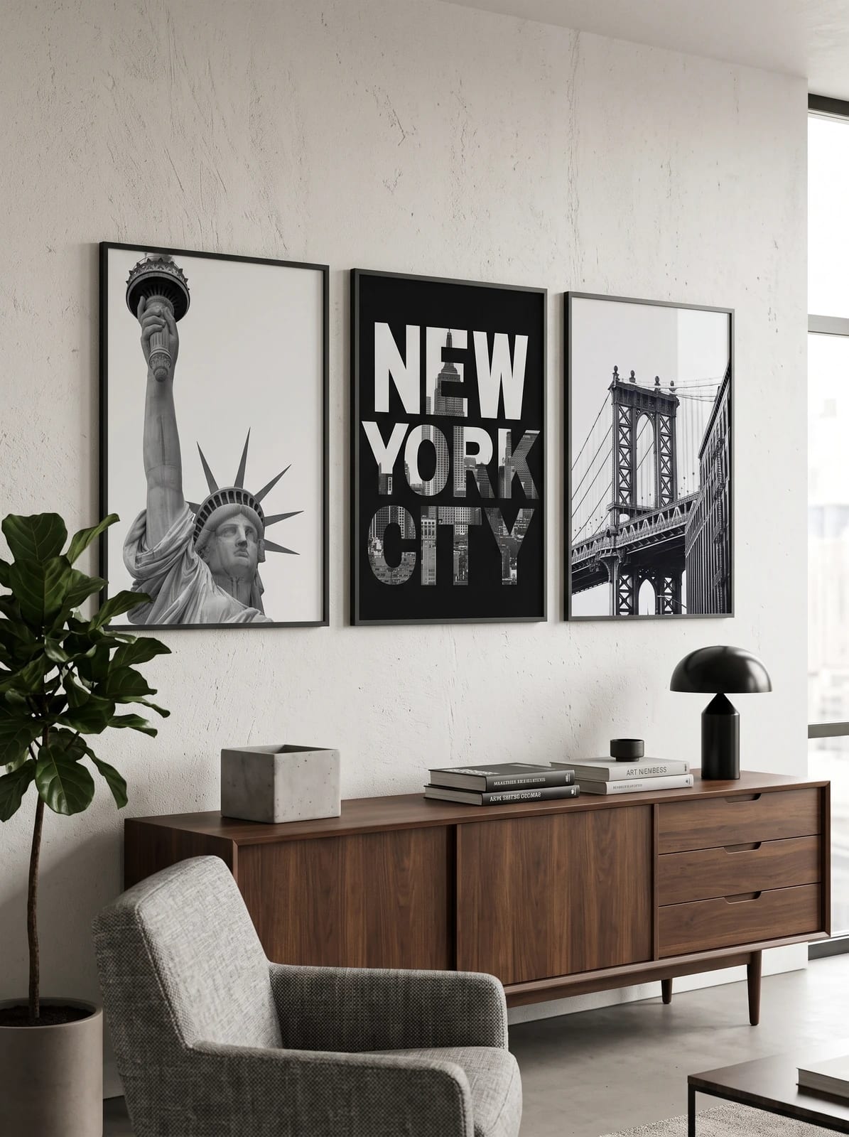 Three black-and-white New York City photo prints grouped in a room; frames are not included.