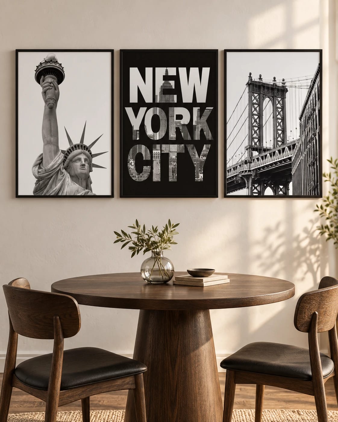 The city-photo triptych arranged together on a wall; frames are not included.
