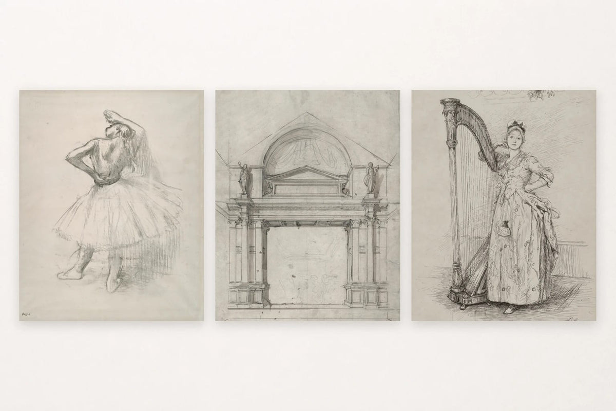Dancer sketch, columned stage opening, and woman beside a harp.