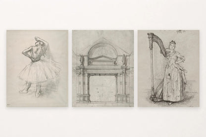 Dancer sketch, columned stage opening, and woman beside a harp.