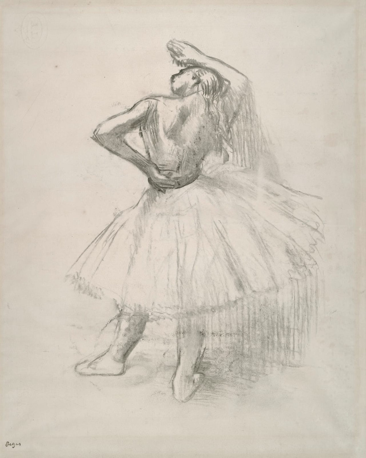 A pencil drawing of a dancer seen from behind.