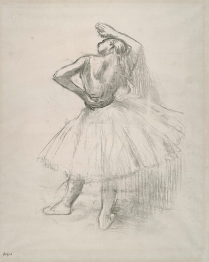 A pencil drawing of a dancer seen from behind.