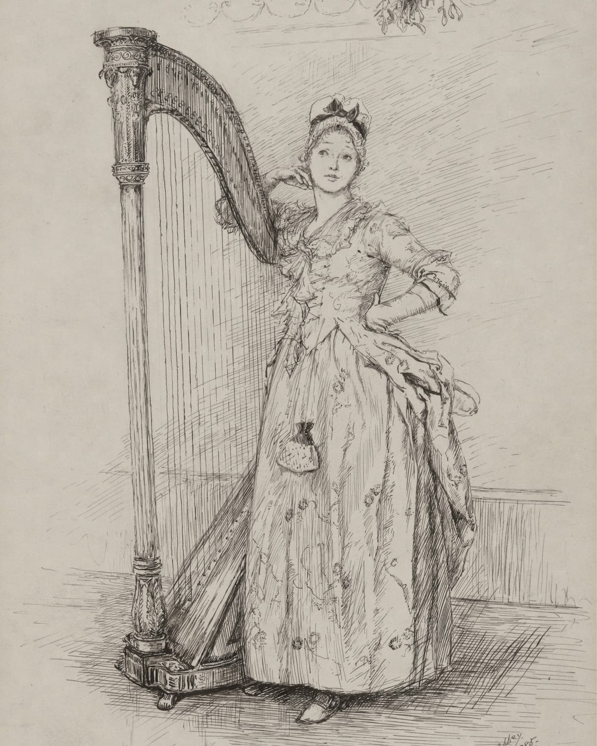 A seated woman beside a harp.