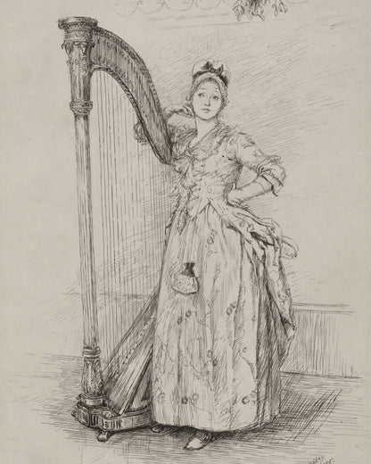 A seated woman beside a harp.