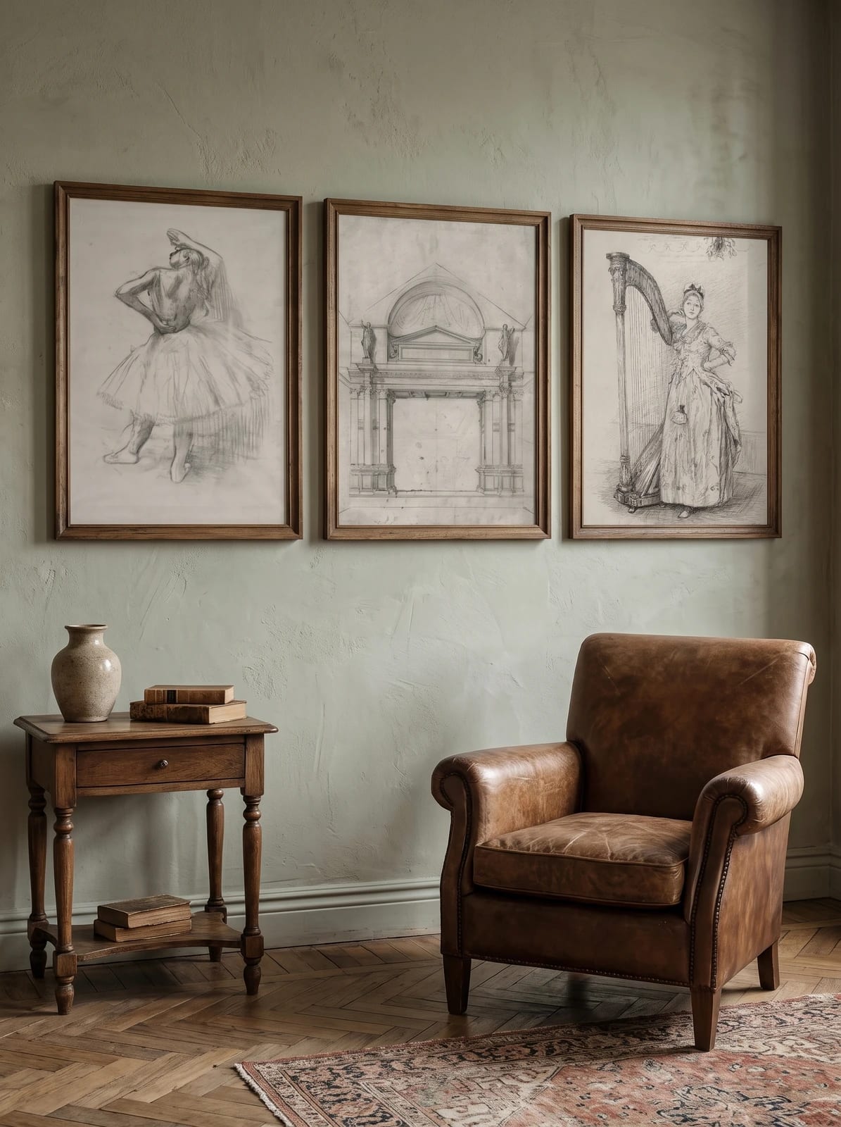 Three pencil drawings grouped on a gray wall above a table.