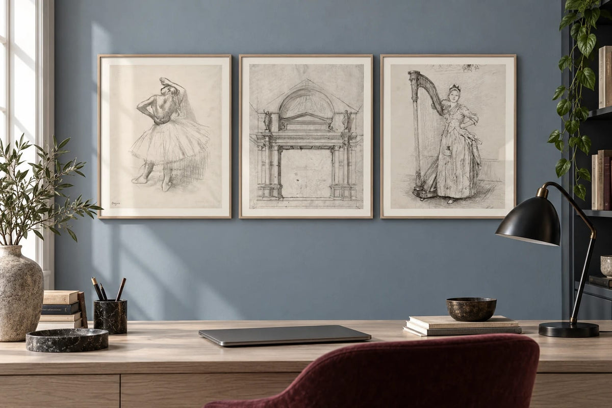 A dancer and harp drawing set arranged above a desk.