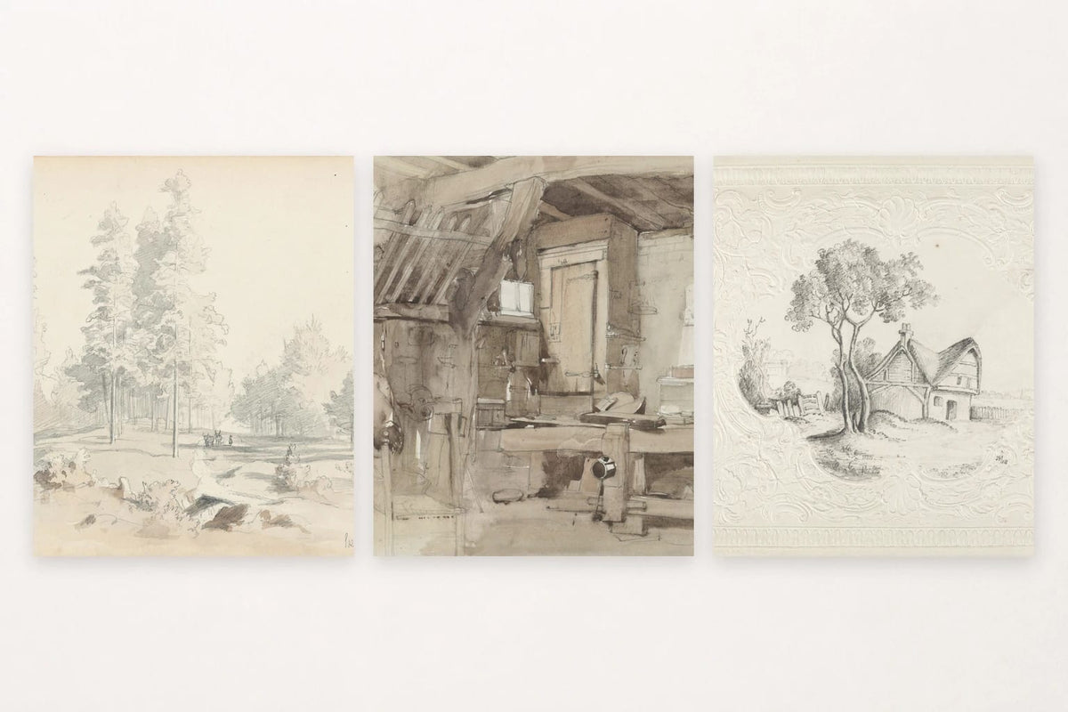 Park path with figures, attic workspace, and house in a decorative border.