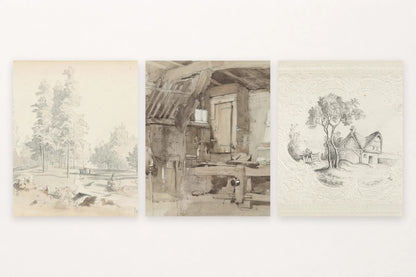 Park path with figures, attic workspace, and house in a decorative border.